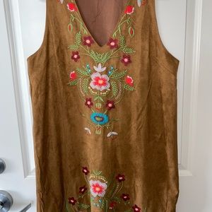 Tan dress, with floral detail
